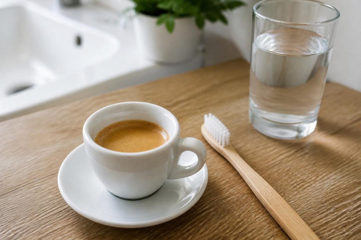 Taza de café junto a un vaso de agua y un cepillo de dientes para evitar manchas de café en los dientes