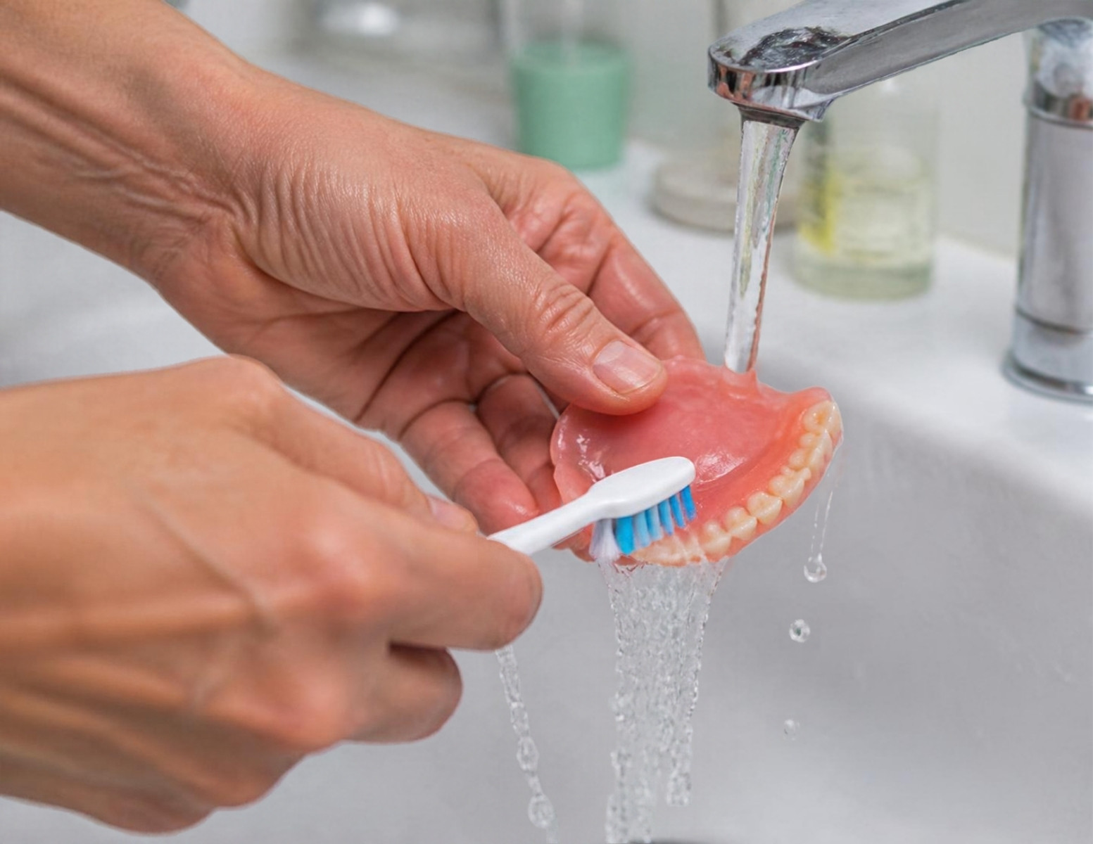 Limpieza diaria de una prótesis dental removible con cepillo especial