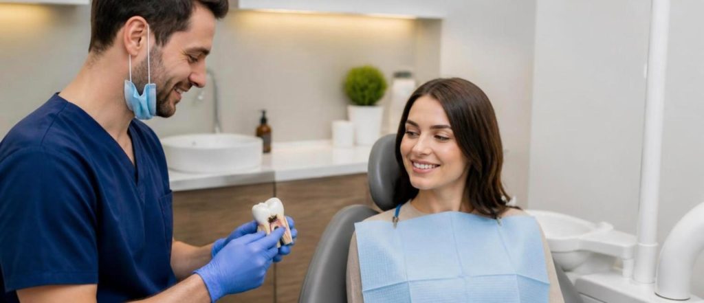 Dentista explicando a una paciente los cuidados tras una extracción dental en Grandental Móstoles