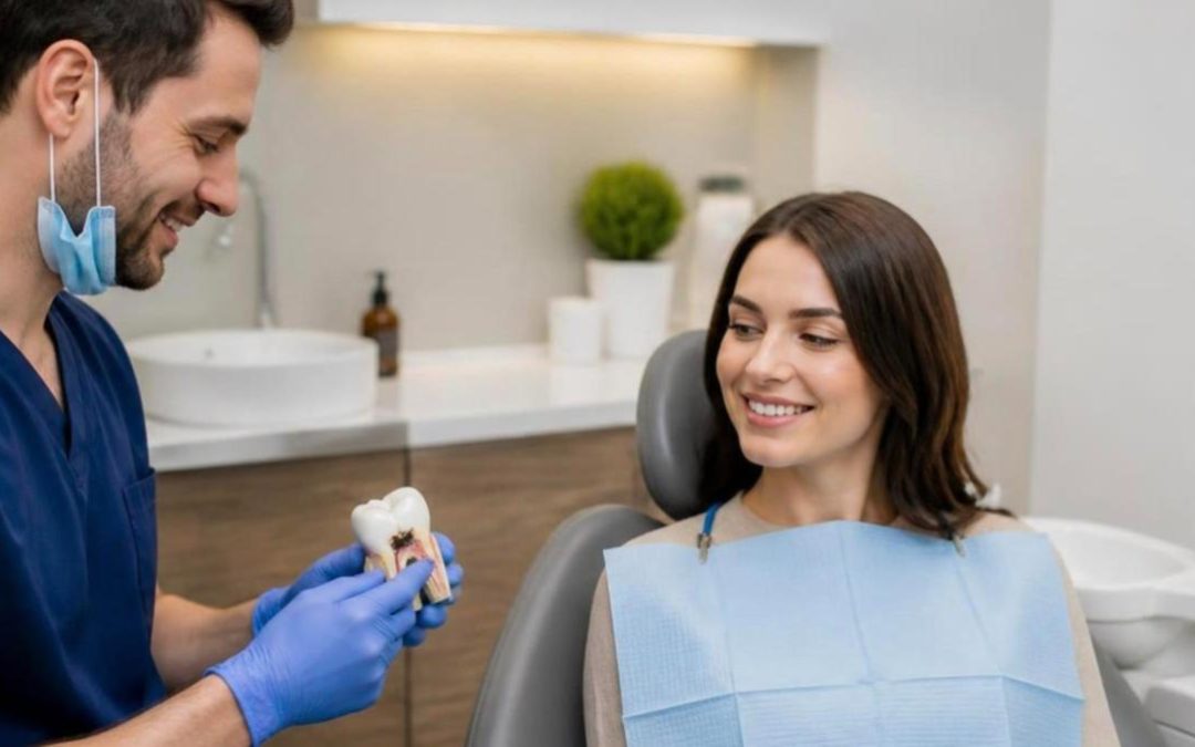 Dentista mostrando a una paciente un modelo de muela con caries antes de realizar un empaste dental en Móstoles