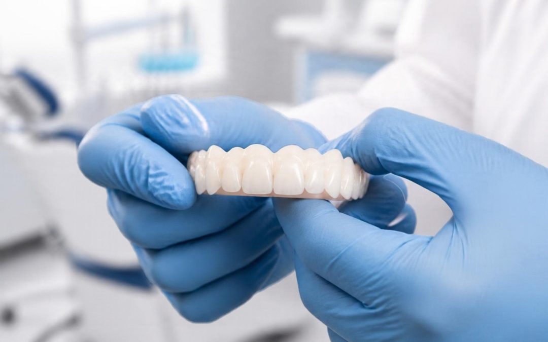 Prótesis dental de zirconio sostenida por un dentista en una clínica de Fuenlabrada