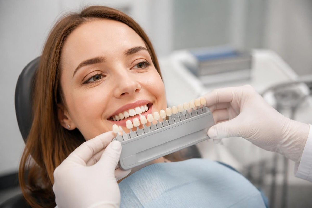 Dentista comparando el color de los dientes con una guía de tonos para quitar manchas de café
